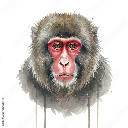 Close up watercolor portrait of a serious Japanese Macaque monkey with a red face and brown fur looking directly