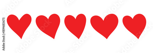 Set of hearts in red color. Set of 5 hearts of different shapes for web. Vector illustration isolated on white background.