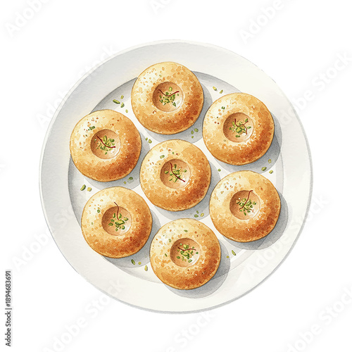 Delicious Indian Sweet Pastries Garnish with Saffron and Pistachios on White Plate Top View Watercolor Painting