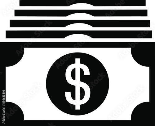 Stack of United States Dollar Bills Currency Icon in Simple Black and White Style Symbolizing Financial Wealth Savings and Investment for Business Finance Banking Presentations and Economic Reports on