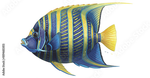 Vibrant blue and yellow striped tropical angelfish detailed watercolor illustration swimming gracefully