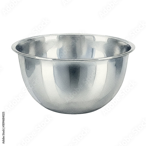 Shiny stainless steel mixing bowl kitchen utensil clean and reflective simple illustration