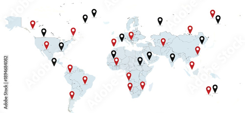 Global locations marked on modern world map with red and black pins