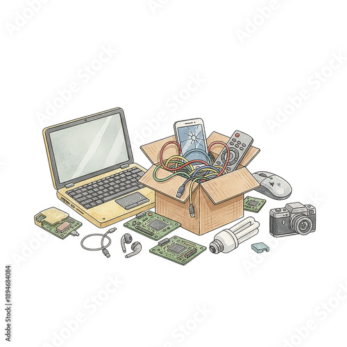 Electronic waste collection for recycling showing old laptop broken phone circuit boards and tangled cables