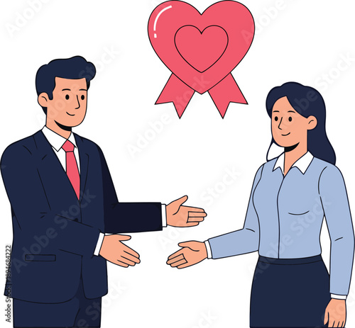 Love and Collaboration: Two individuals reach out, an emblem of love floating above, symbolizing partnership and cooperation.