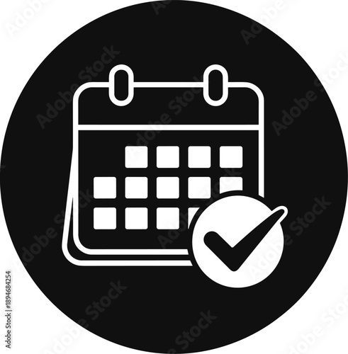 Simple calendar icon with checkmark symbol confirming an event date appointment scheduler in minimalist black and white design for business planning schedule management reminders and corporate organiz