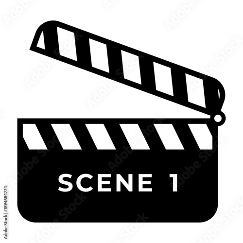 Solid icon of a movie clapperboard labeled scene one, representing film production, video shooting, directing process, and cinema creation workflow.