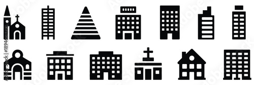 Line style city building icon set with skyscrapers, residential and office buildings, suitable for city planning, urban development, architectural presentations, and vector graphic projects.