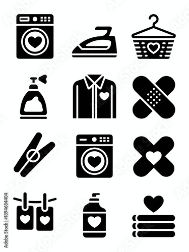 Black and white line art laundry and clothing care icons for household chores and hygiene services clean garment washing machine iron basket clothes pin bandage towel vector illustration for website u