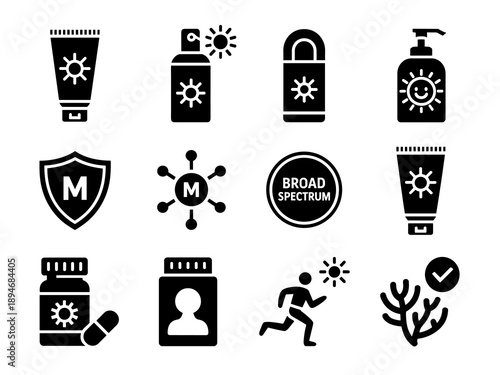 Sunscreen protection icons set providing broad spectrum defense for healthy skin health while enjoying outdoor activities under the sun with moisturizer and sunblock for skin cancer awareness and prev