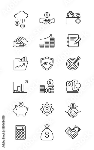 Financial investment and savings line icons set for business growth planning wealth management retirement funds concepts banking and currency exchange vector illustration for marketing materials and w