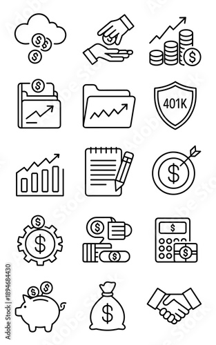 Financial planning and investment line art icon set representing growth savings wealth management portfolio performance and retirement planning for finance banking insurance and investment industries