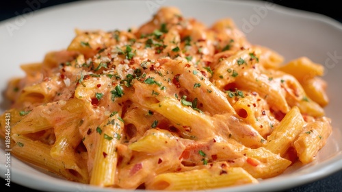 Close-up of creamy penne alla vodka pasta topped with red chili flakes, parmesan cheese, and fresh parsley in a white bowl