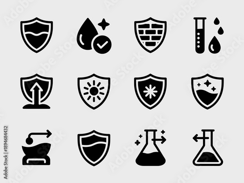 Set of shield icons depicting protection and resistance concepts for health safety security insurance warranty technology industry solutions representing waterproof uv protection antiviral antibacteri