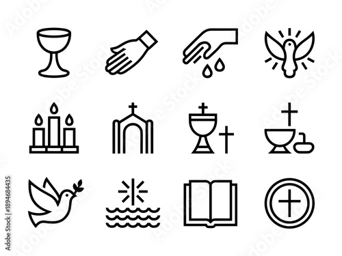 Christian religious line icons representing eucharist baptism church holy communion and spiritual beliefs in minimalist vector symbol design for church resources and religious education programs offer