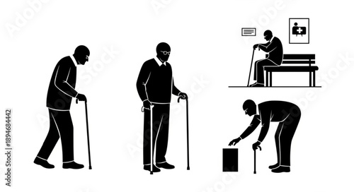 Elderly man with cane in different poses silhouette.