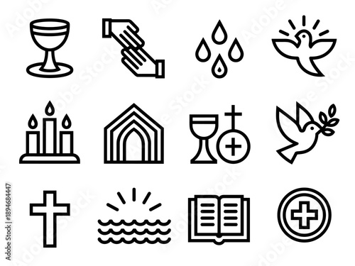 Christian Religious Icon Set Symbols Graphic Vector Illustration of Church Elements Including Cross Dove Candles Bible Communion and Baptism Signs for Easter Sunday Services and Spiritual Faith Based