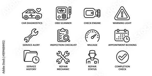 Detailed car diagnostics and repair service icons representing automotive maintenance and vehicle inspection process for garage and mechanic shop business presentation modern technology and transporta