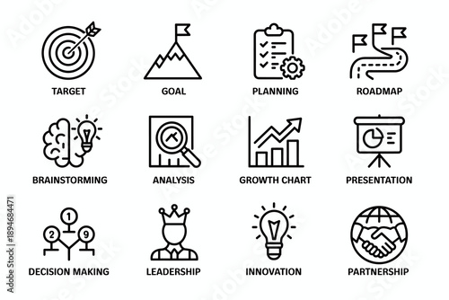 Business strategy and planning line icons set showing target goal roadmap brainstorming analysis growth presentation decision making leadership innovation and partnership for corporate success and dev