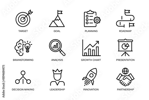 Business strategy and planning line icons set for corporate success target goal brainstorming analysis growth presentation decision making leadership innovation partnership in modern company managemen
