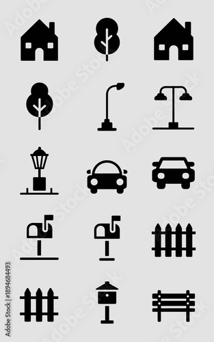 Black silhouette neighborhood icons illustration featuring house tree street lamp car mailbox fence and park bench in minimalist vector design for city planning urban development real estate and commu