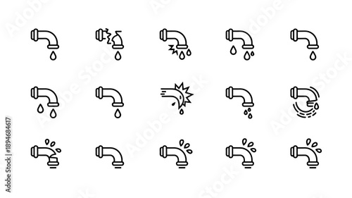 Leaking pipe icon set showing water damage and plumbing problems simple line drawing style for website icons and mobile app interfaces household maintenance and repair services construction and buildi