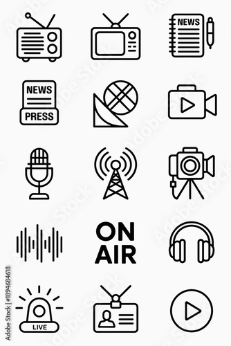 Set of broadcasting and journalism icons representing news media elements such as television radio microphone camera sound waves antenna headphones press id card live stream for media and communicatio