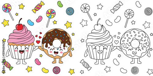Cute cartoon cupcake and donut friends with candy, colored and outline coloring page vector illustration