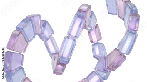Abstract helical chain of glass blocks with holographic iridescent texture on white background