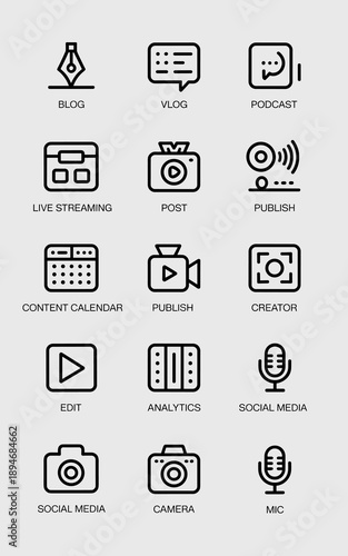 Modern social media marketing content strategy icons set for digital brand advertising campaign blog vlog podcast publishing and promotion online editorial calendar creator analytics edit post camera