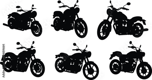 Black silhouette collection of classic cruiser motorcycle icons isolated on white background for motorcycling transportation road travel and chopper bike design