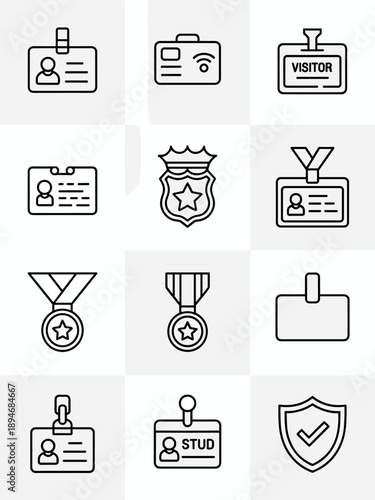Identification Badges and Security Medals Icons Set in Modern Line Art Style Vector Illustration for Business Corporate Identity Access Control Recognition Awards Safety Verification Credentials and O