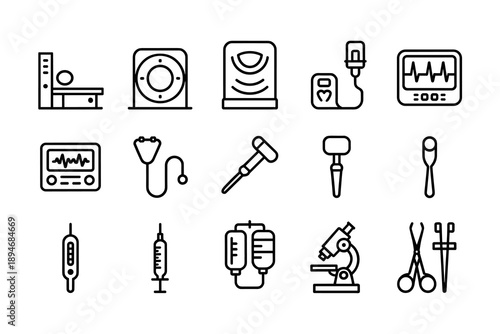 Medical equipment line icons depicting healthcare tools diagnostic instruments in a hospital clinic vector illustration for health and wellness telemedicine pharmaceutical research science technology