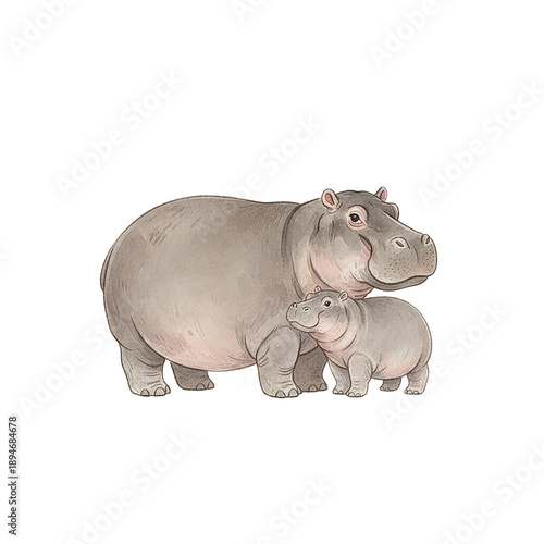 Gentle mother hippo and her sweet calf standing on green grass a serene and loving animal scene