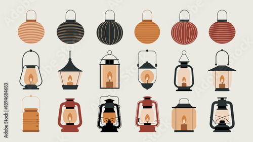 Decorative vintage lantern light vector set with warm glowing candle flame interior illumination retro camping equipment illustration for festive celebration spiritual meditation holiday home decor an