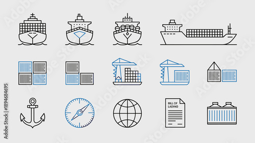 Modern line art illustration of cargo ships and shipping containers for global trade maritime transport logistics industry showcasing container vessel anchor compass bill of lading for international i