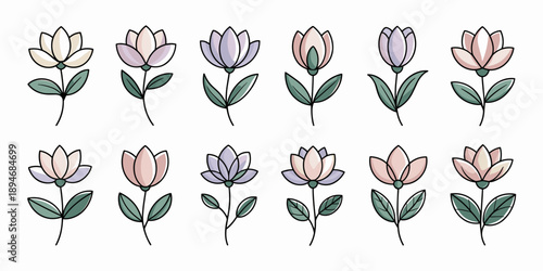 Beautiful pastel flower illustration set in vector format delicate floral elements with blooming petals and green leaves in a seamless pattern for elegant wedding invitations spring designs and nature