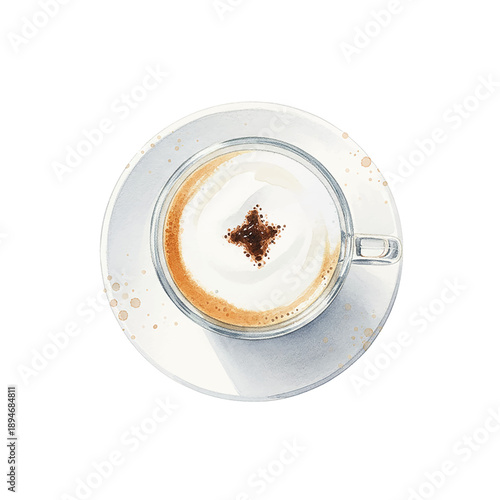 A comforting top down view of a cappuccino with star shaped cocoa powder on foamy milk in watercolor style
