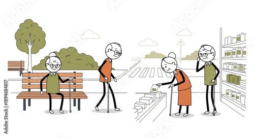 Elderly people enjoying a day out in the park and shopping.