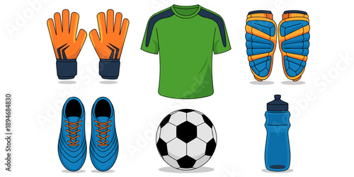 Isolated soccer equipment illustration including goalkeeper gloves green jersey soccer ball blue shoes shin guards and water bottle representing athletic gear for training and competitive sports in te