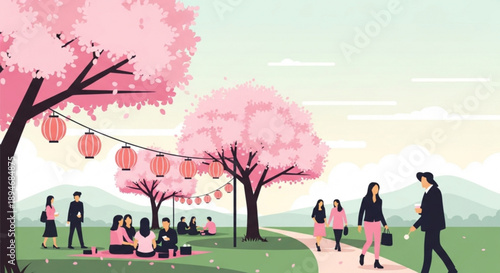 People enjoying a serene spring day outdoors surrounded by blooming pink cherry blossom trees and festive lanterns in a park