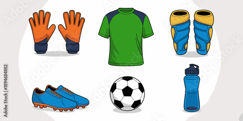 Soccer Gear and Equipment Illustration: Goalkeeper Gloves, Cleats, Ball, Shin Guards, Jersey and Water Bottle for Team Sports Training, Athletic Performance, Competitive Matches, and Healthy Lifestyle