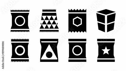 Variety of black and white snack packages vector illustration with geometric shapes for food products branding design packaging templates modern minimalist style for marketing advertising promotions i