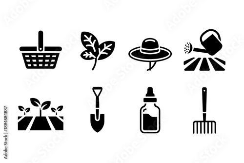 Gardening tools and plants vector icon set for agricultural and landscaping design farming equipment collection including basket leaves hat watering can sprouts shovel bottle and rake for horticulture