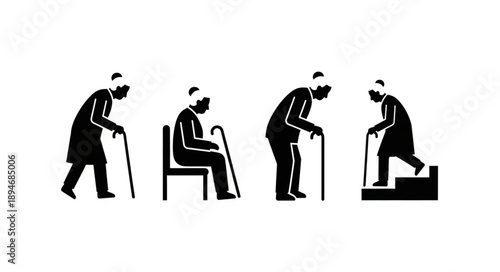 Elderly people in different poses with walking canes.