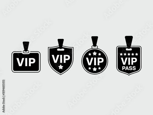 VIP pass badges set vector illustration showing exclusive access identification for events concerts conferences and special occasions luxury membership icon graphic for premium services marketing prom