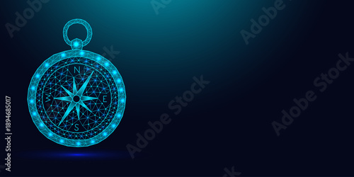 Low poly wireframe magnetic compass on dark blue background.
