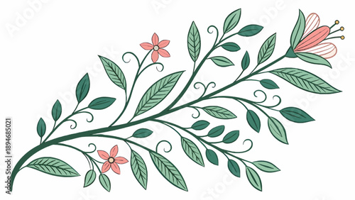 Elegant Floral Vine Vector Illustration with Leaves and Flowers