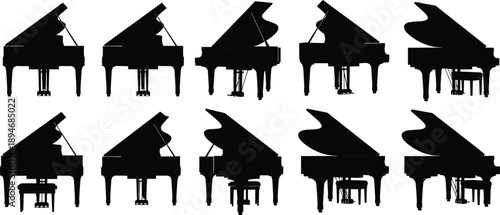 Black silhouette collection of classic grand piano icons with benches isolated on white background for classical music performance and acoustic instrument design