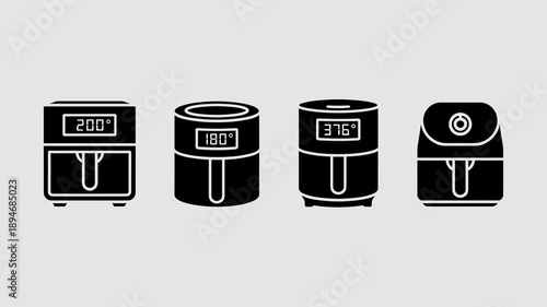 Air fryer appliance vector icon set cooking equipment for healthy eating and fast food preparation minimalist illustration modern kitchenware for restaurant menu or culinary blog kitchen appliances an